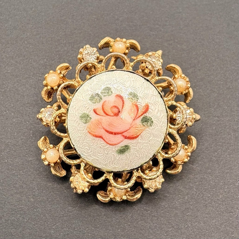 Vintage Coro Pink Rose Guillioche Enamel Crystal Faux Pearl Brooch Filigree